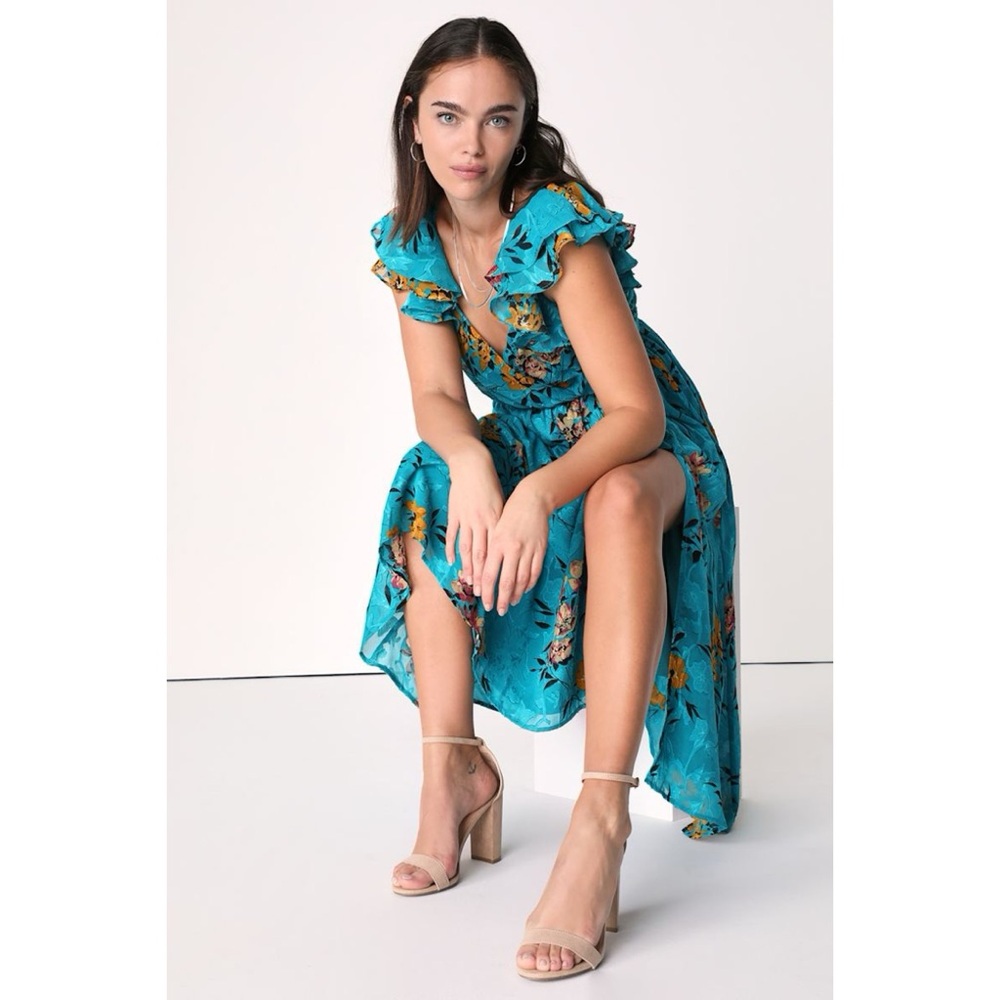 Lulus Vacay Cutie Teal Green Floral Jacquard Flutter Sleeve Midi Dress Medium